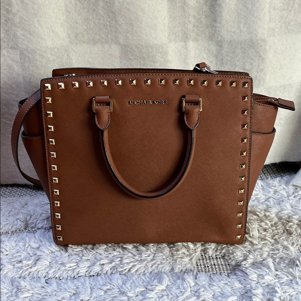 Michael Kors Brown Studded Saffiano Leather Tote Bag